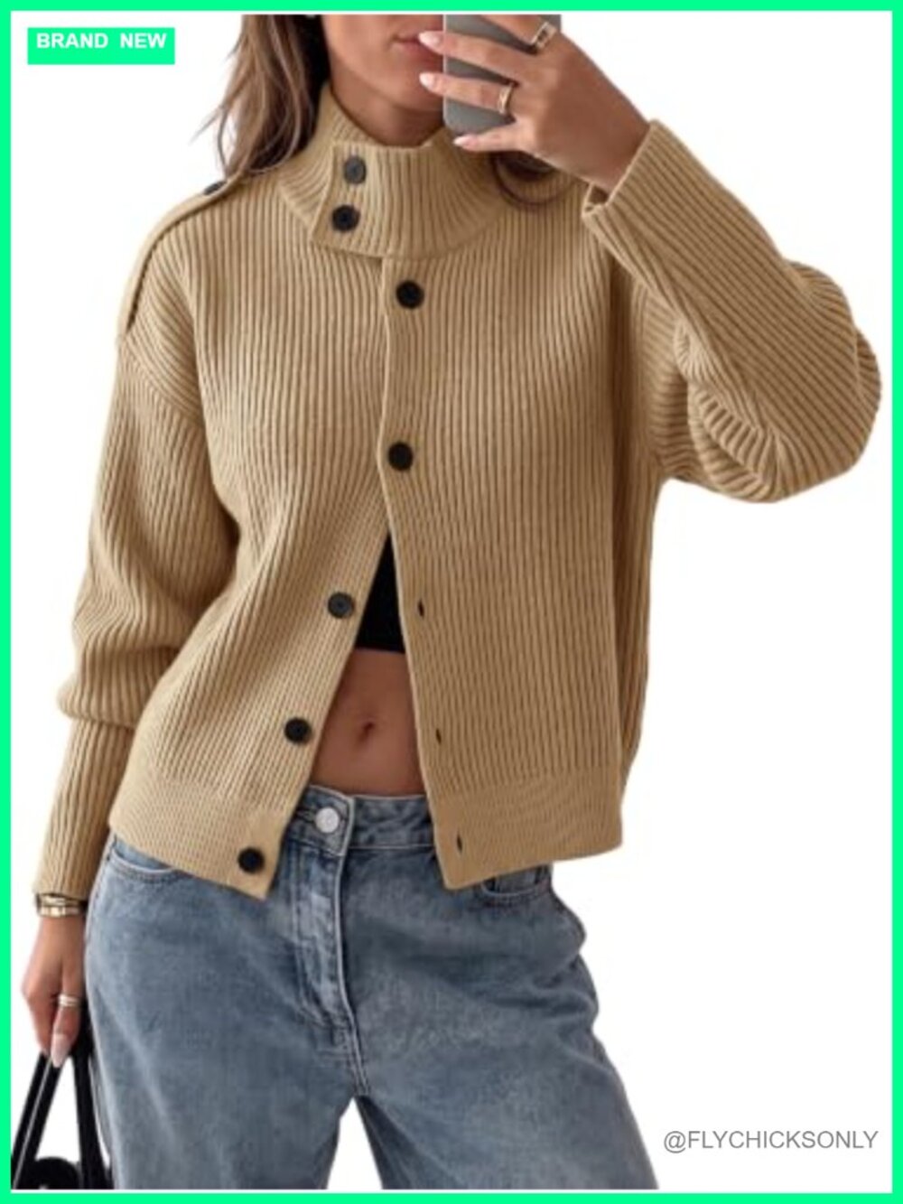 Chunky Knit Button Cardigan Sweater Mock Neck Long Sleeve